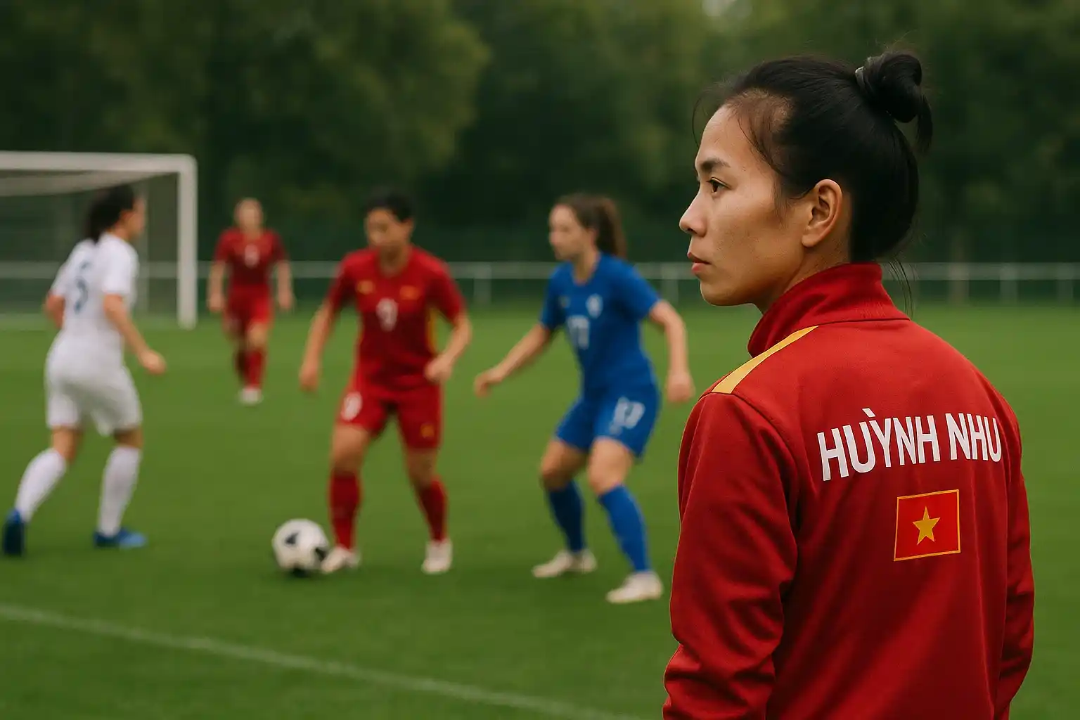 Huỳnh Như quan sát các cầu thủ trong một trận giao hữu
